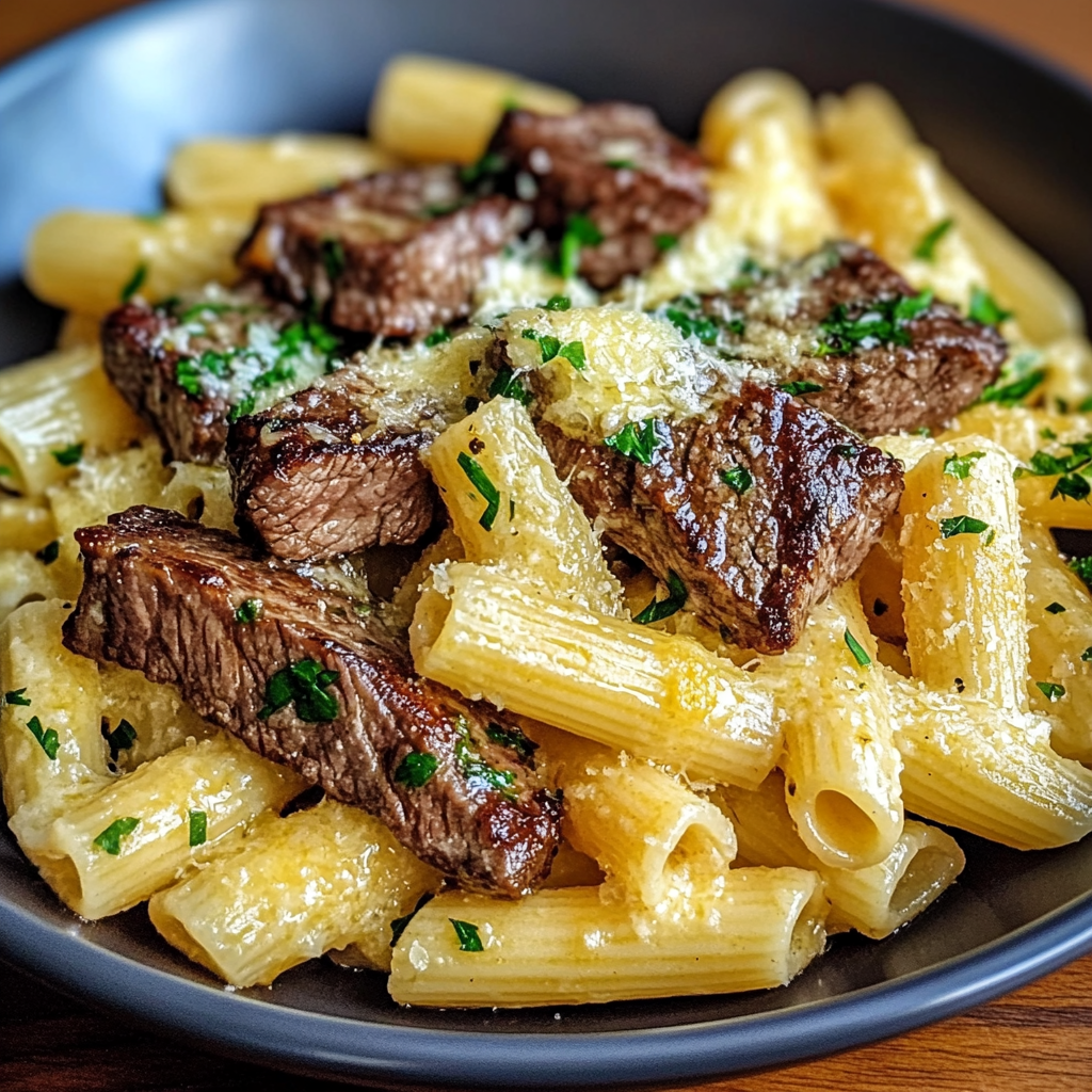 Cheesy Rigatoni with Garlic Butter Steak Tips