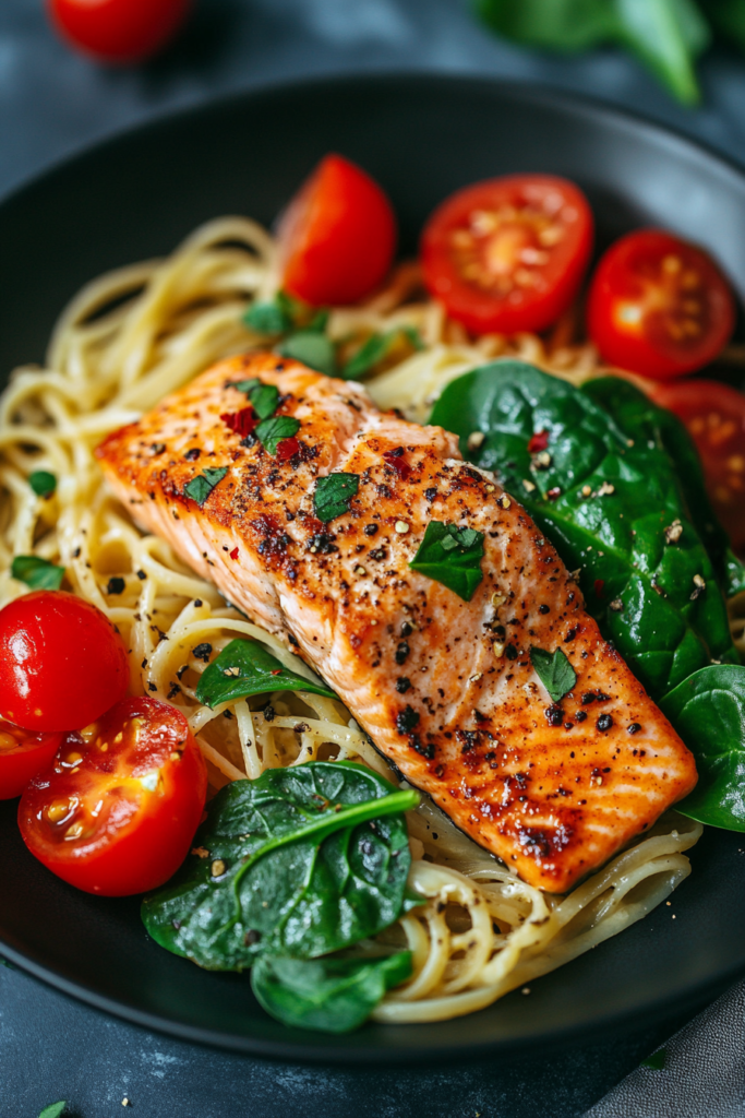 Creamy Salmon Pasta with Fresh Spinach and Juicy Tomatoes