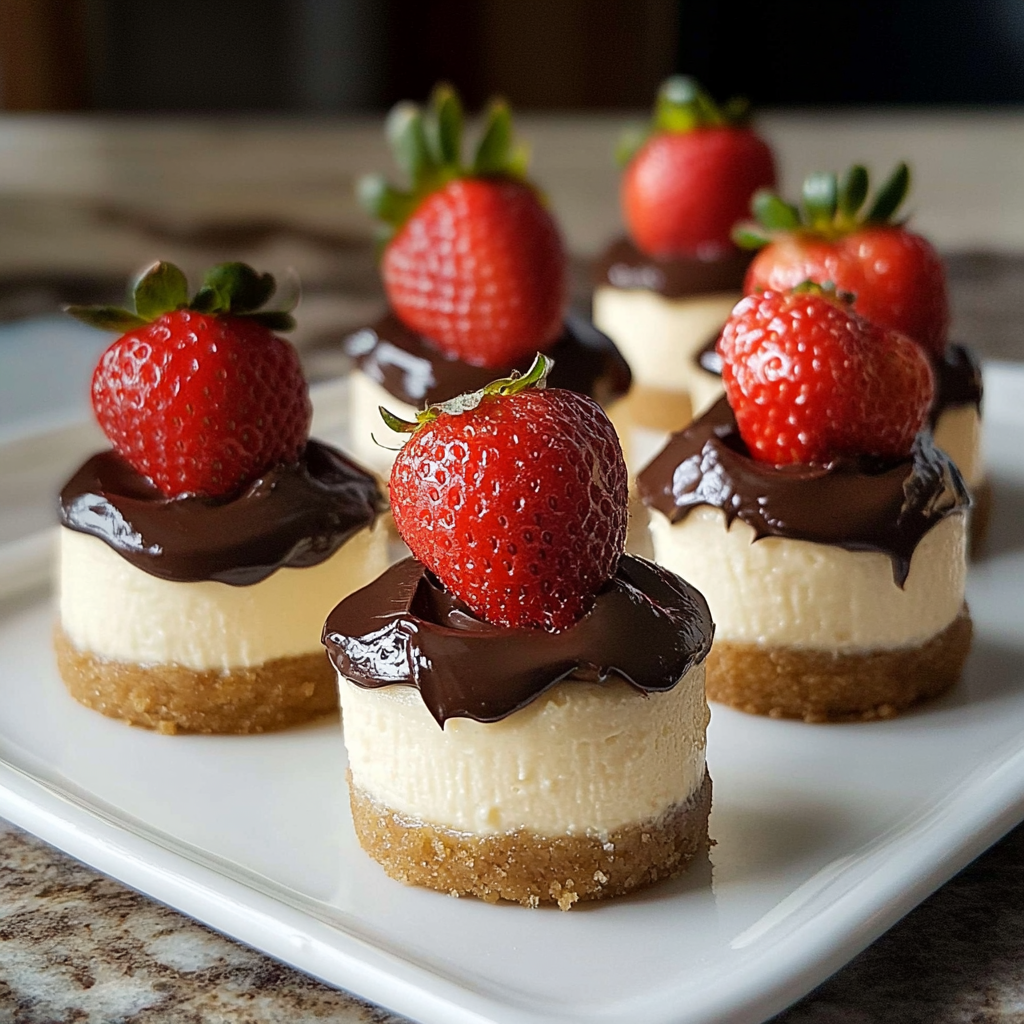 Mini Cheesecakes with Chocolate Dipped Strawberry Topping