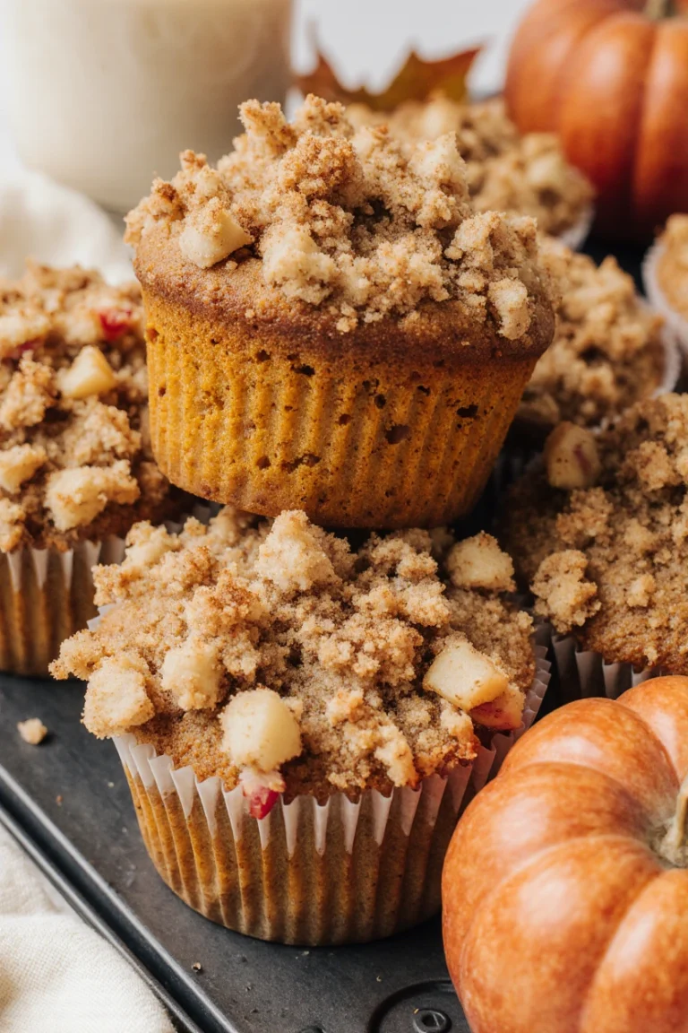 Apple pumpkin streusel muffins with golden crumb topping, fresh apples, and pumpkin spice served on a rustic tray.