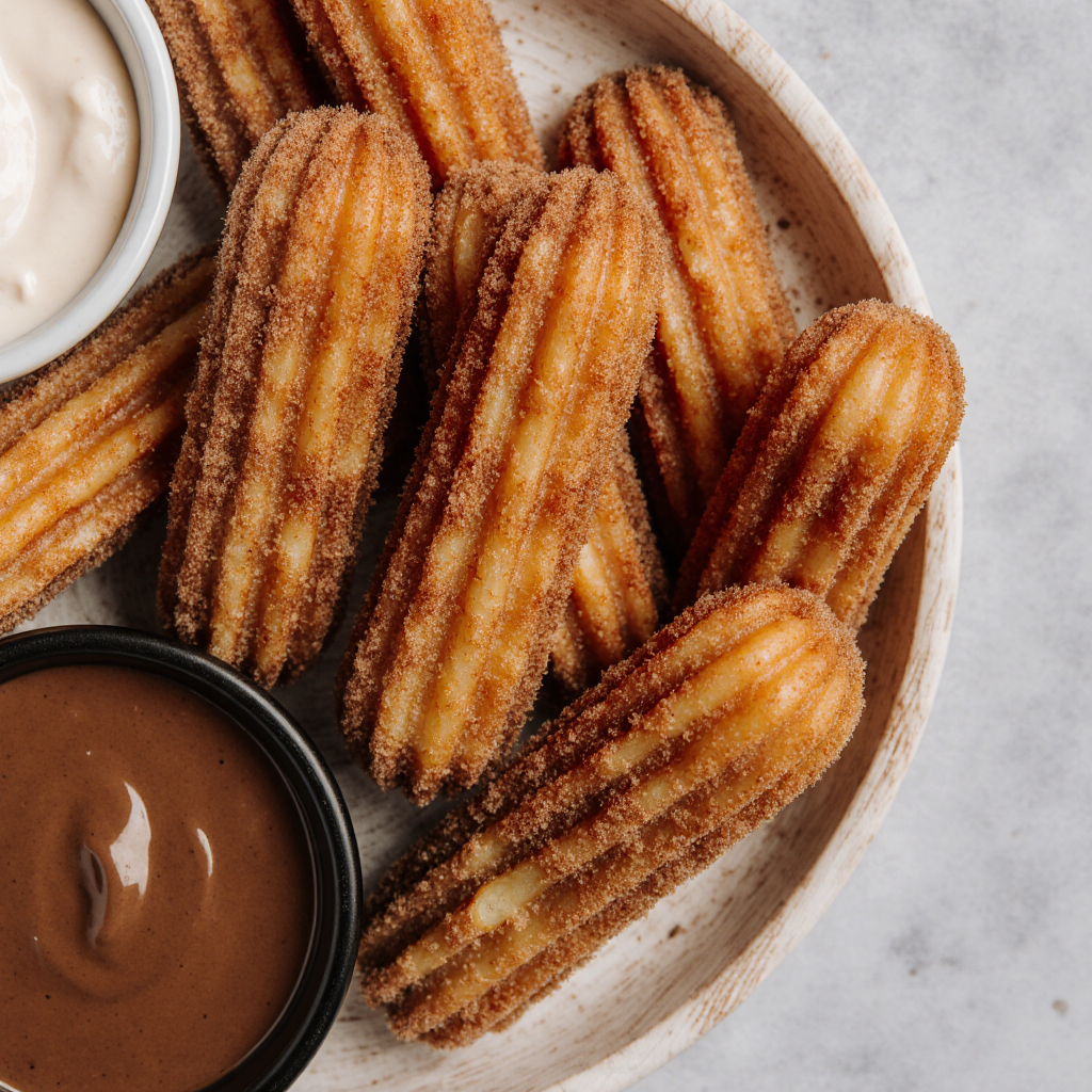 Plate of baked churro bites coated in cinnamon sugar with a side of chocolate dipping sauce.