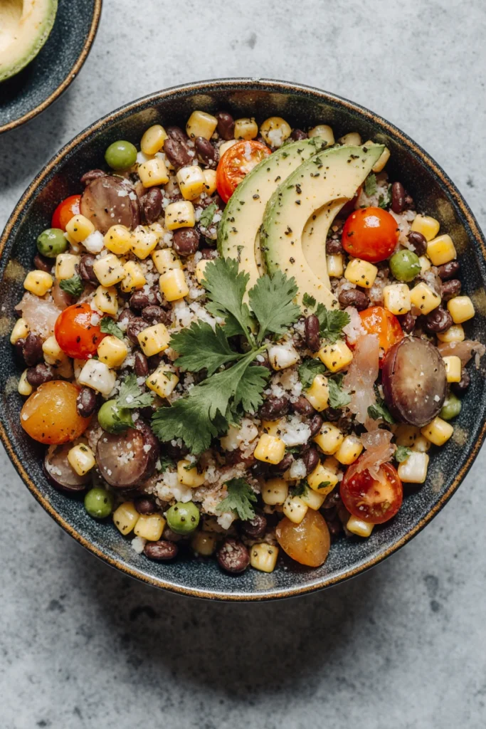 Bowl of black bean and corn salad with tomatoes, peppers, cilantro, and lime wedges.