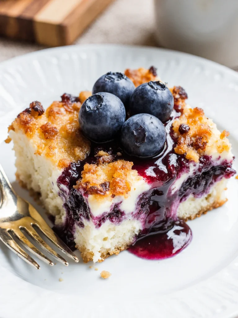 Close-up of a high-protein blueberry cottage cheese breakfast bake in a white baking dish, golden edges, and fresh blueberries on top—healthy and easy meal prep recipe.Blueberry cottage cheese breakfast bake