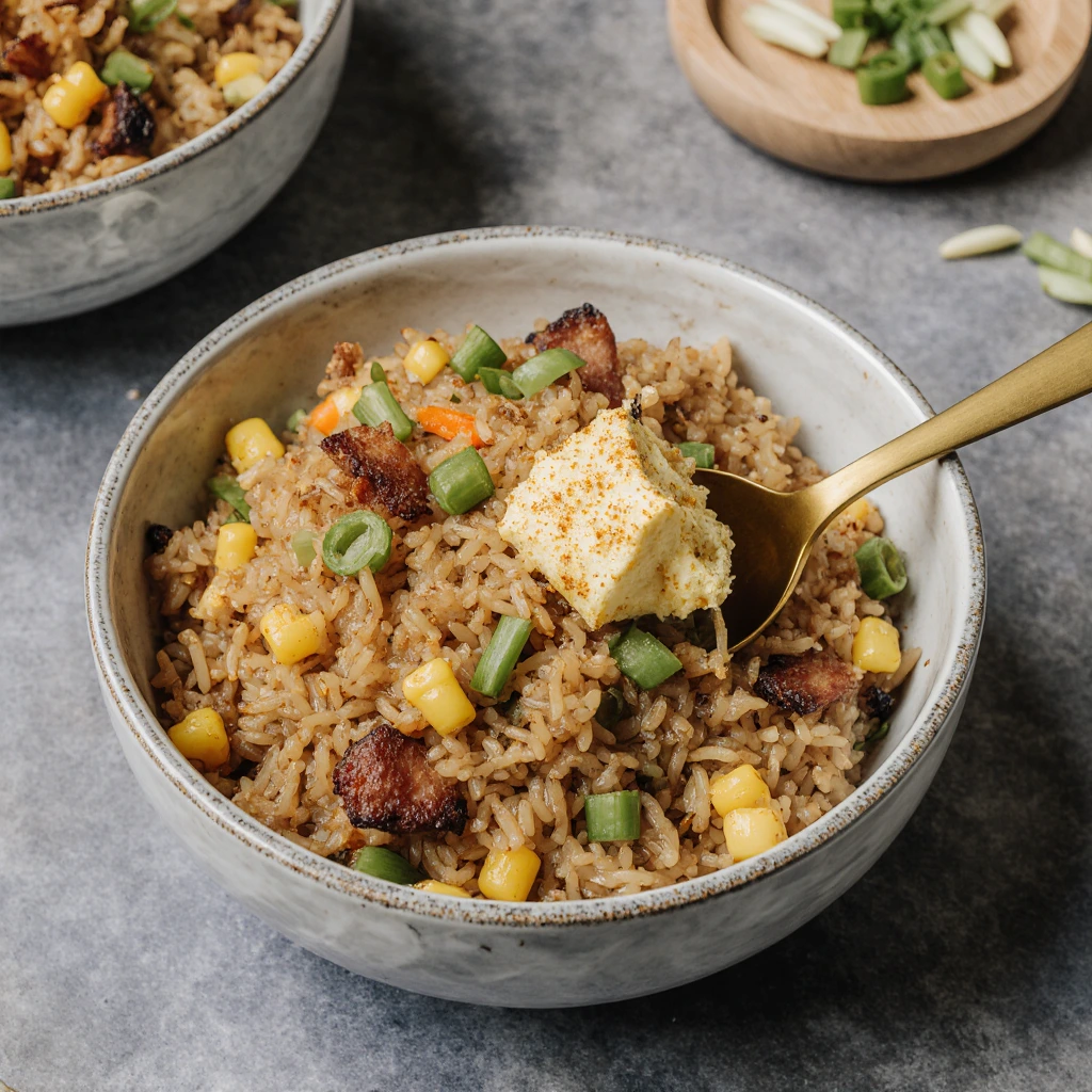 Breakfast fried rice in a skillet with eggs, vegetables, and rice, served as a hearty and flavorful morning meal.