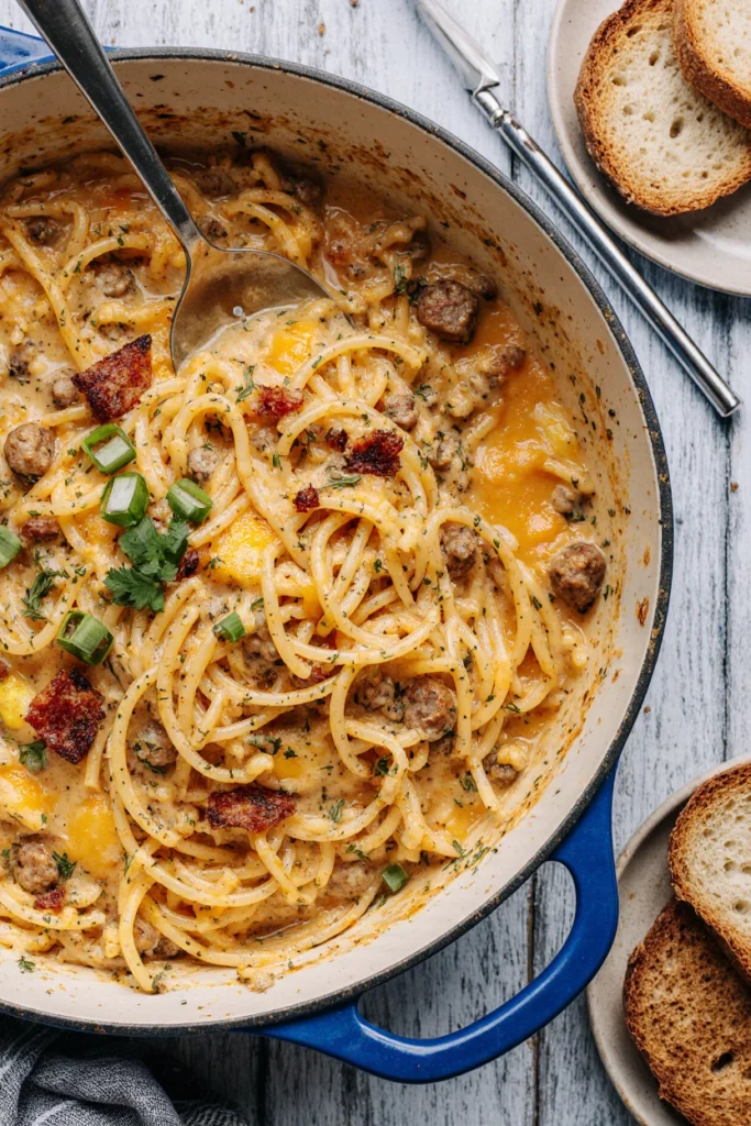 Plate of breakfast spaghetti with sausage, scrambled egg, and melted cheese topped with fresh herbs.