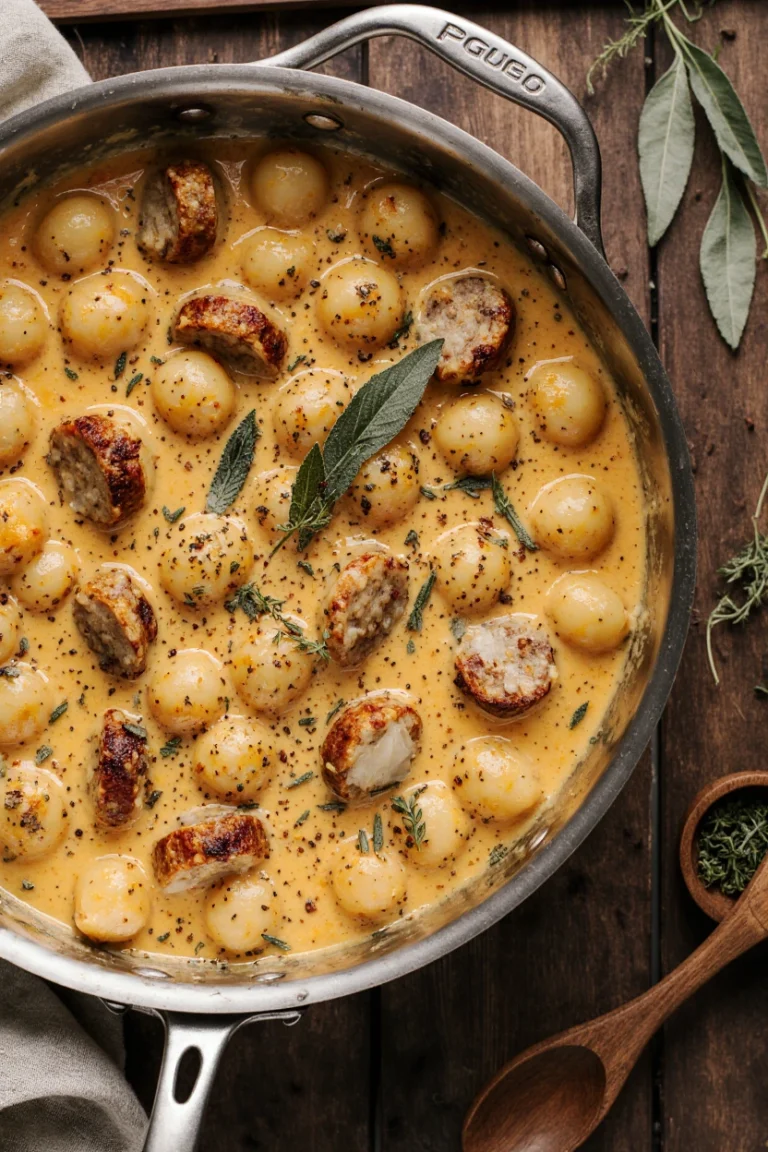 Creamy butternut squash gnocchi with sausage, thyme, and sage served in a skillet as a cozy fall dinner.