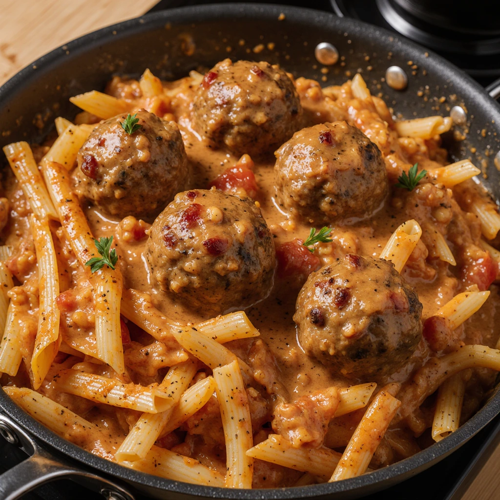 One-pot creamy Cajun meatball pasta in a skillet with tender meatballs, pasta, and rich Cajun cream sauce garnished with herbs.