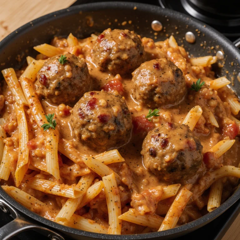 One-pot creamy Cajun meatball pasta in a skillet with tender meatballs, pasta, and rich Cajun cream sauce garnished with herbs.