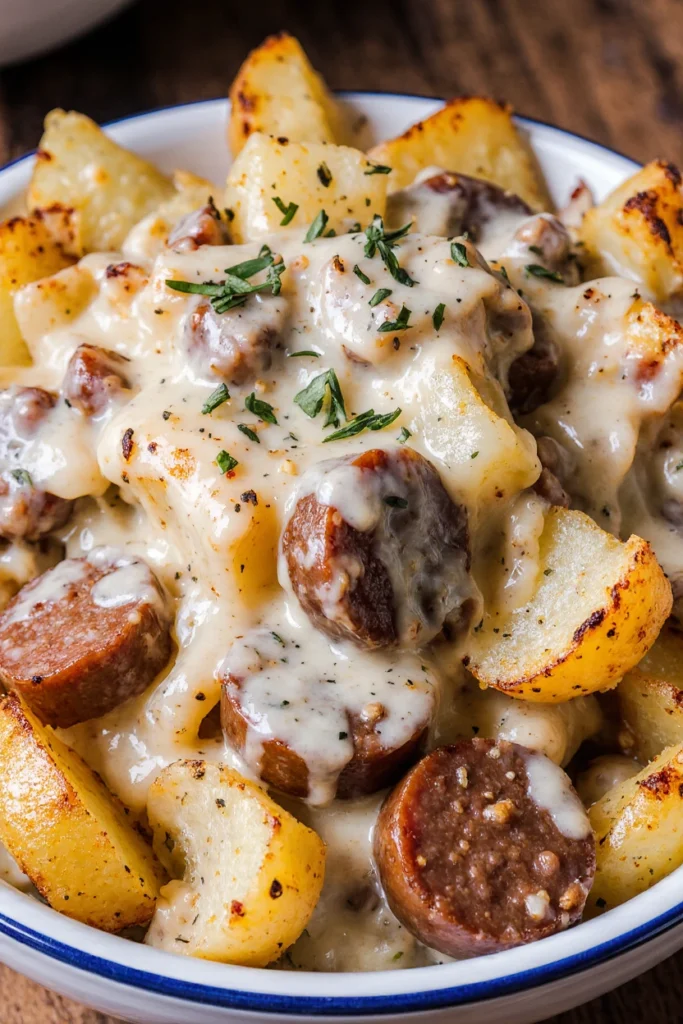 Baked cheesy ranch potatoes with slices of smoked sausage topped with melted cheese in a casserole dish.