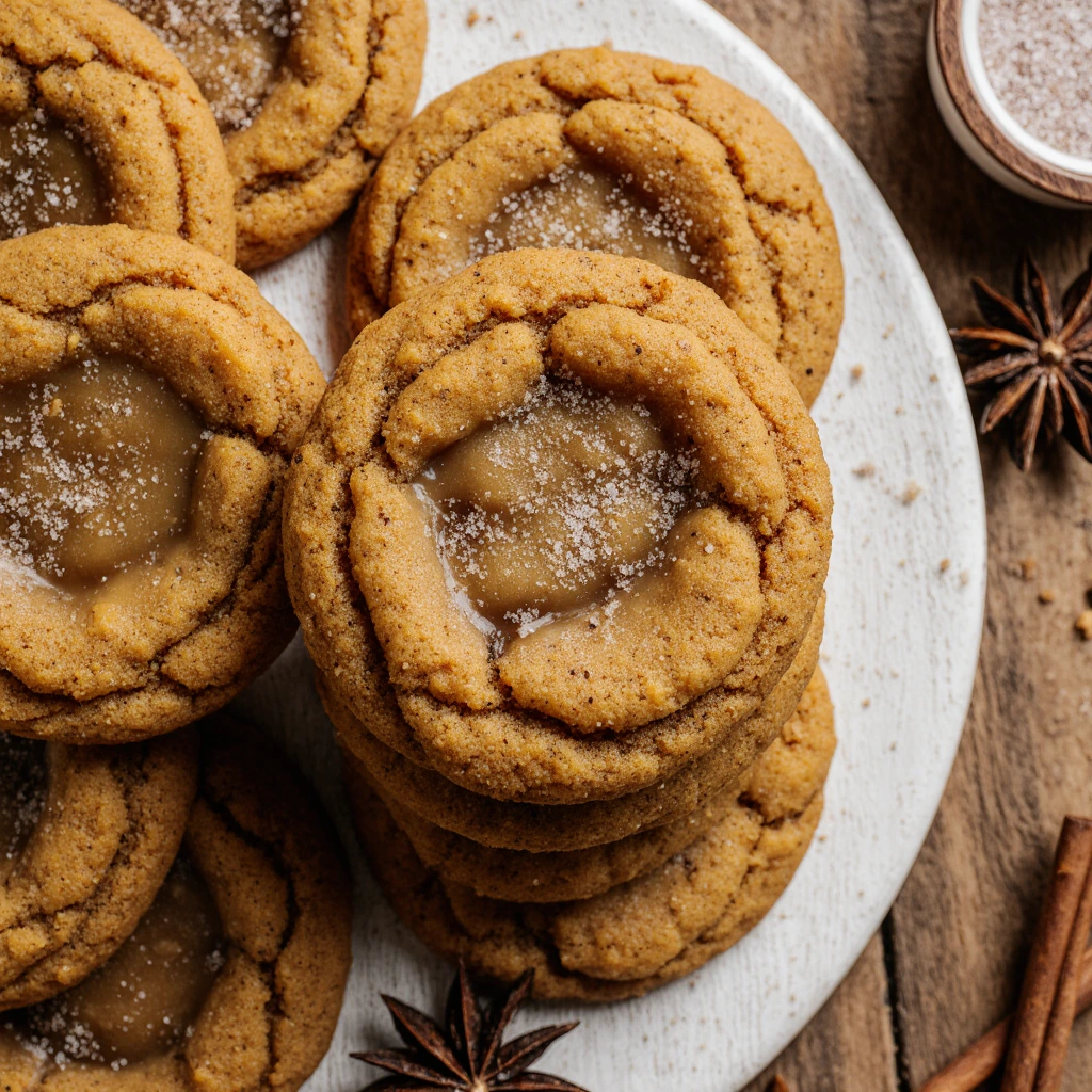 Chewy pumpkin cookies with golden edges and soft centers, dusted with cinnamon sugar on a baking tray.
