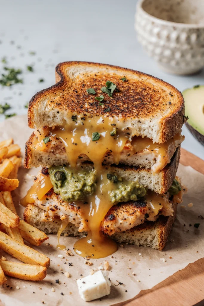 Chicken avocado melt sandwich with golden toasted bread, melted cheese, and creamy avocado slices.