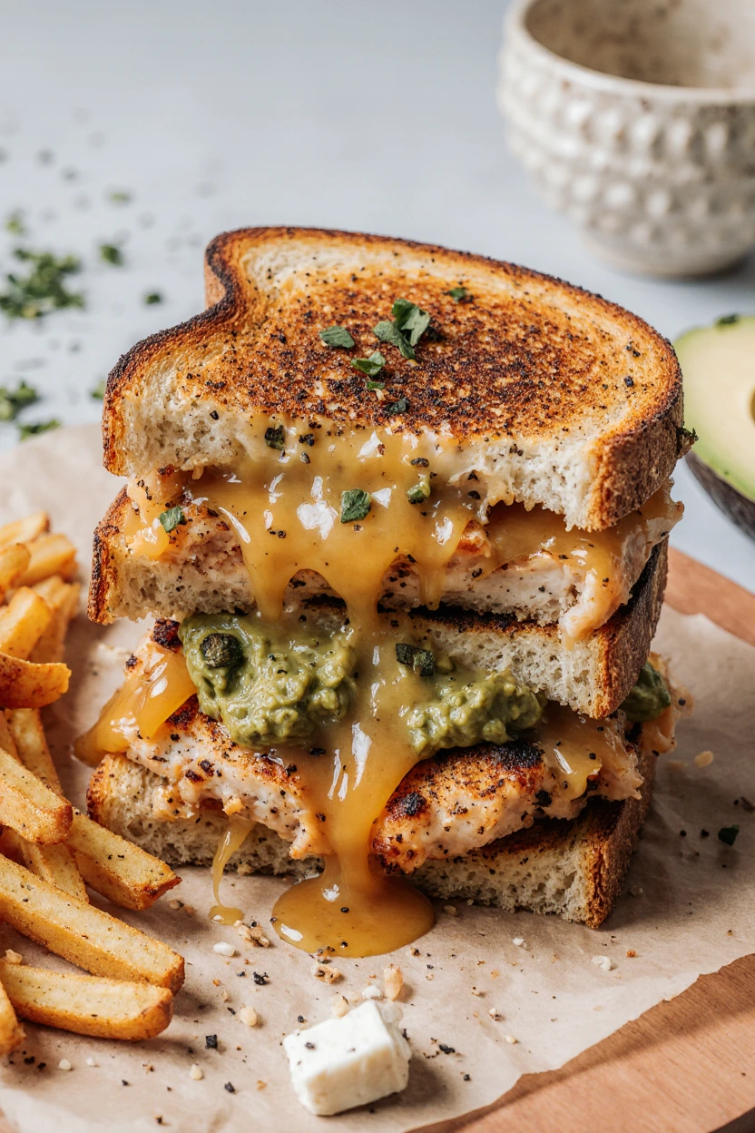 Chicken avocado melt sandwich with golden toasted bread, melted cheese, and creamy avocado slices.