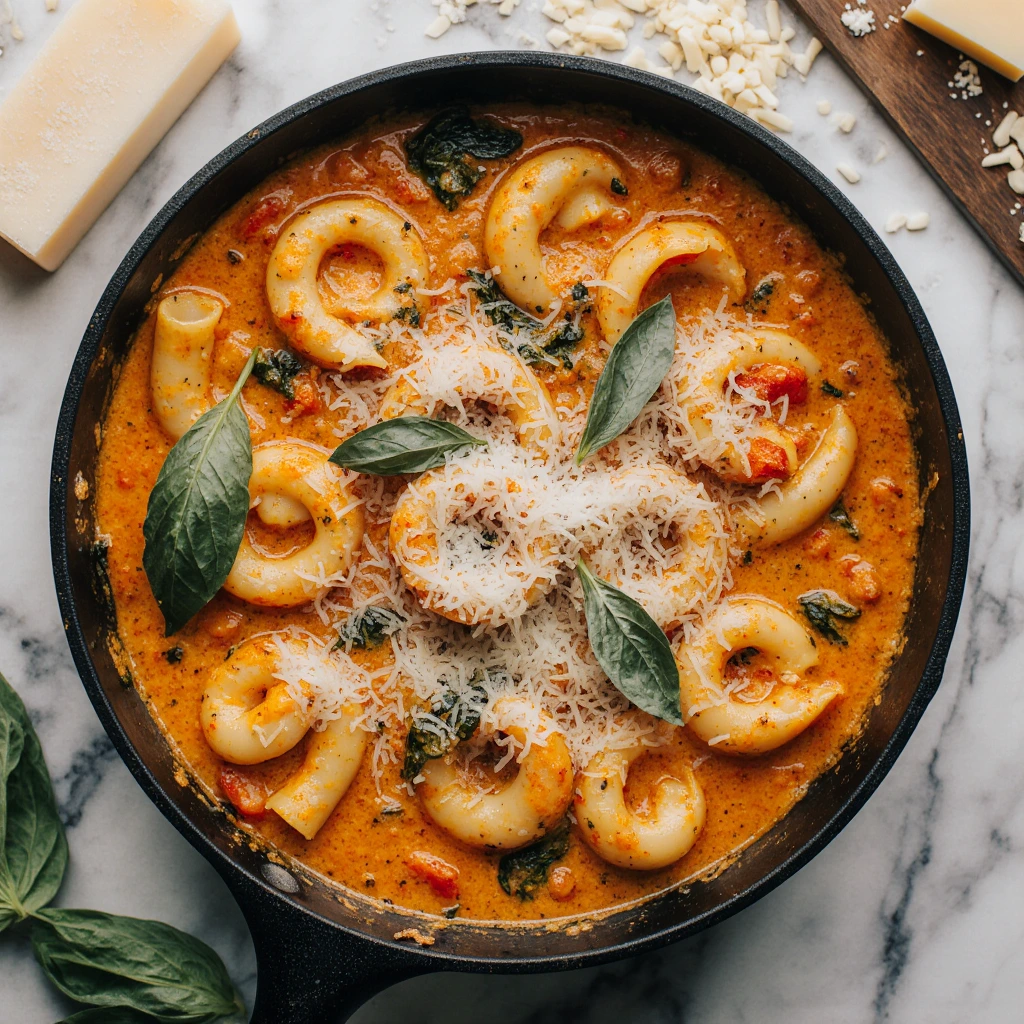 Close-up of creamy slow cooker chicken tortellini soup with shredded chicken, cheese tortellini, and fresh herbs served in a white bowl.