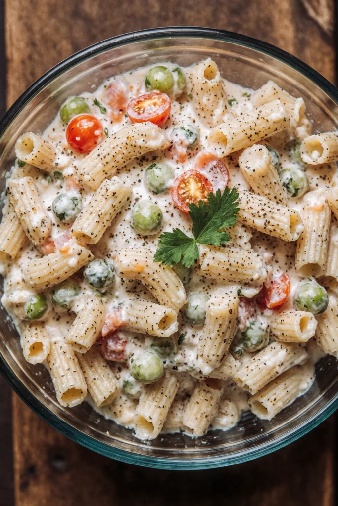Creamy pasta salad with colorful vegetables served in a white bowl on a summer picnic table.