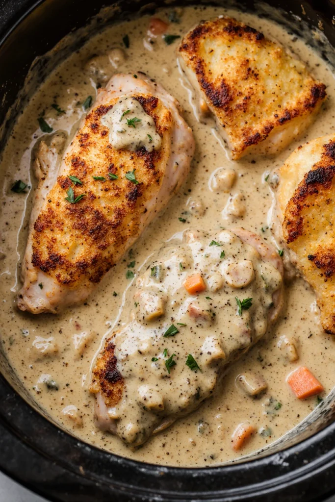 Creamy ranch chicken in the crock pot served over mashed potatoes with fresh parsley garnish.