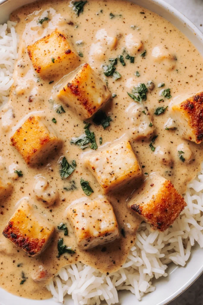 Creamy smothered Chicken and Rice served over fluffy rice with fresh parsley garnish on a dinner plate.