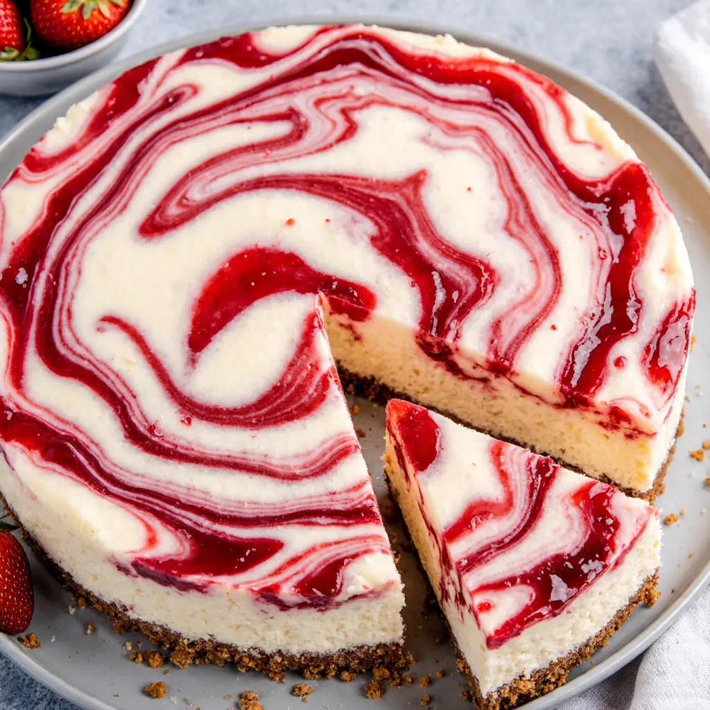 Make dessert unforgettable with this creamy strawberry swirl cheesecake—marbled with vibrant strawberry ribbons and baked to silky perfection.