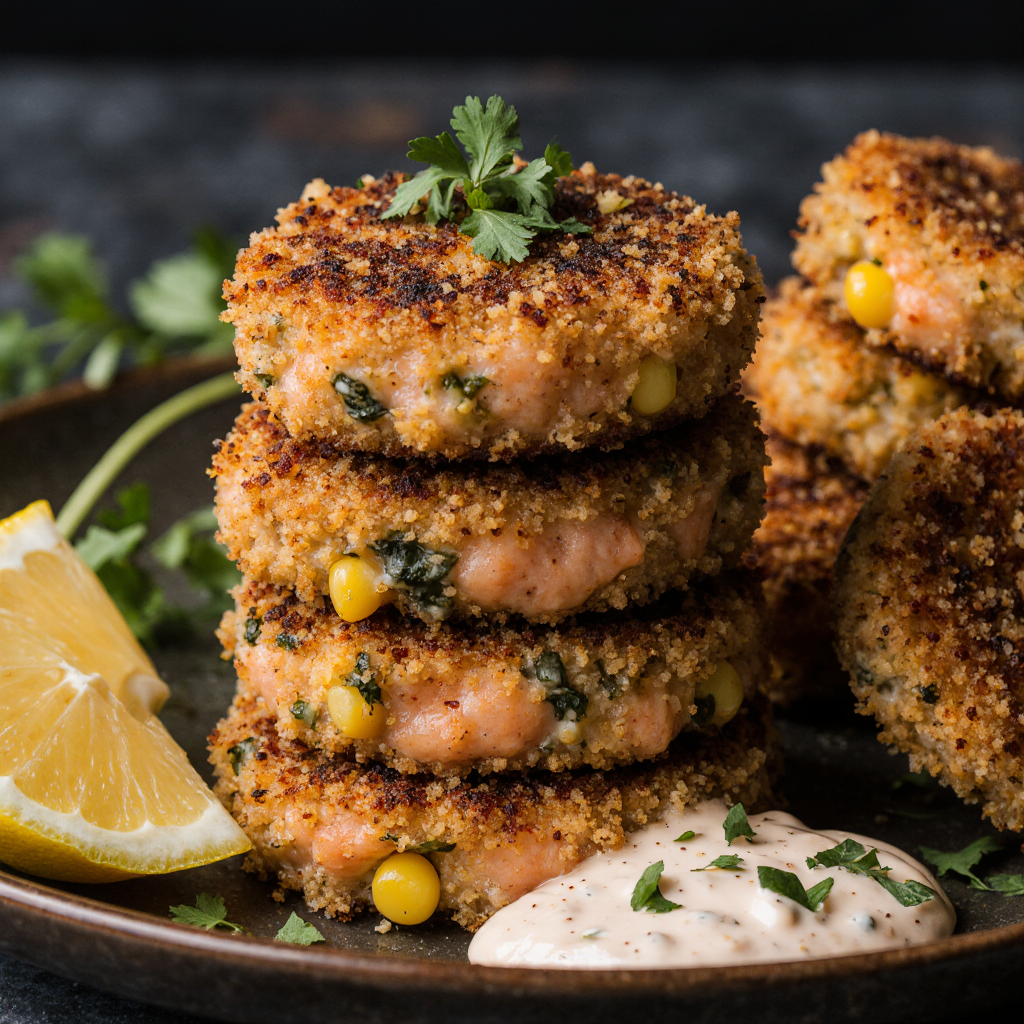 Golden crispy Southern salmon patties served on a plate with lemon wedges and parsley garnish.