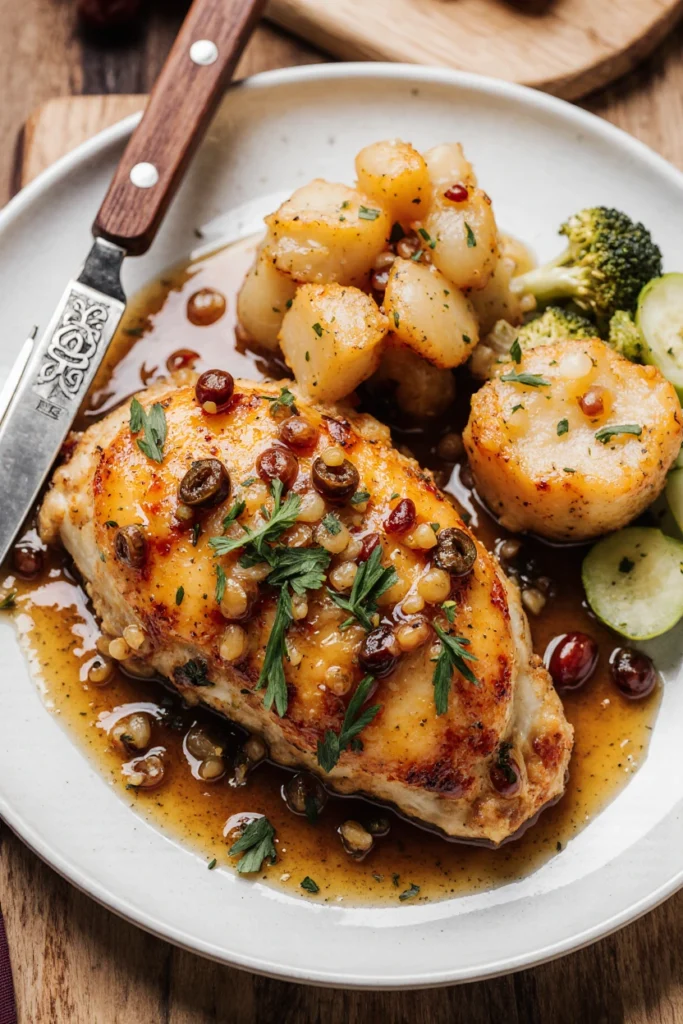 Easy baked honey dijon chicken breasts glazed with golden sauce and garnished with fresh herbs on a baking sheet.