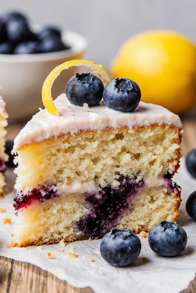 Easy lemon blueberry cake topped with glaze and fresh blueberries on a rustic wooden table.