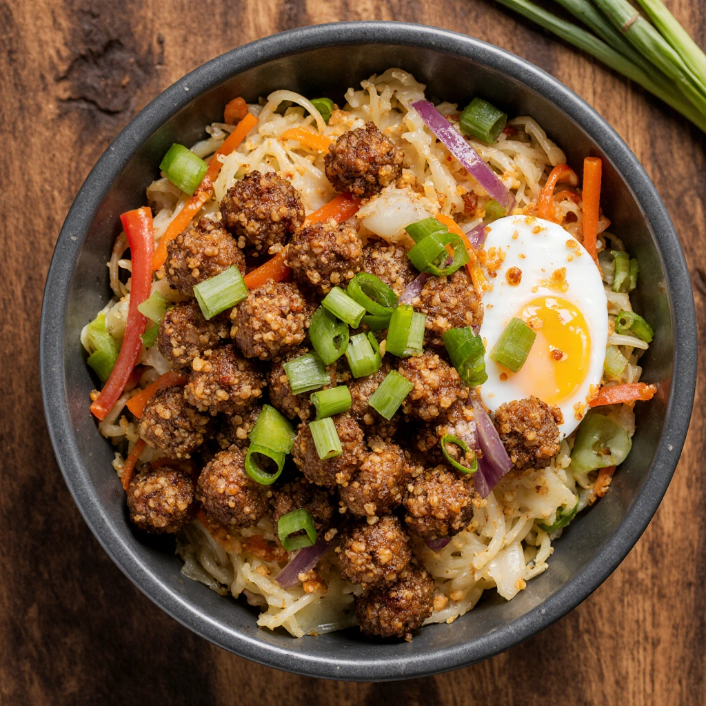 Bowl of egg roll in a bowl with ground meat, cabbage, carrots, and sesame seeds topped with green onions.