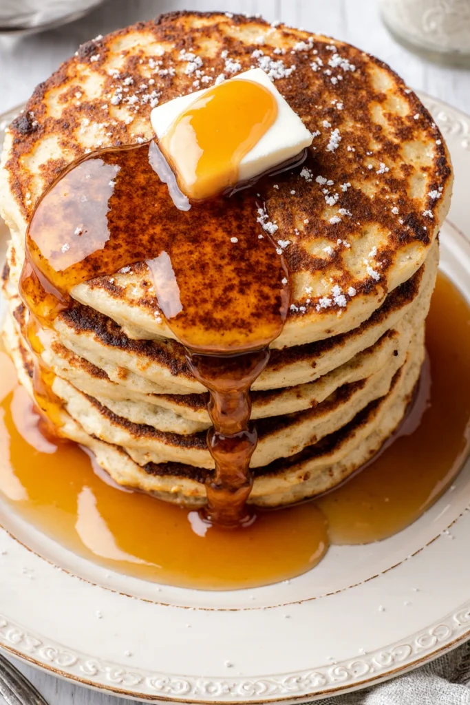 Stack of fluffy pancakes topped with butter, maple syrup, and fresh berries on a white plate.