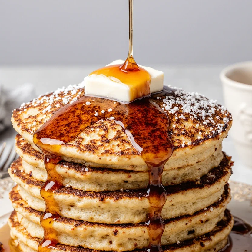 Stack of fluffy pancakes topped with butter, maple syrup, and fresh berries on a white plate.