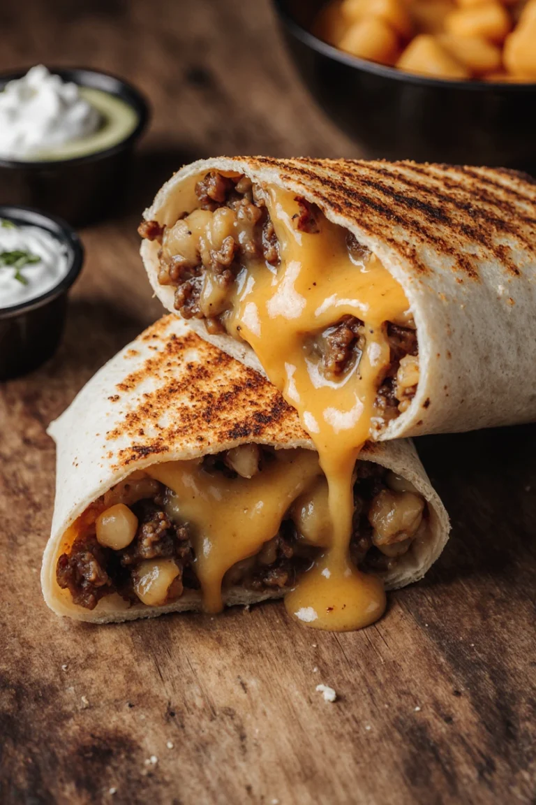 Cheesy grilled burrito filled with beef, rice, and melted cheese, Taco Bell copycat style.