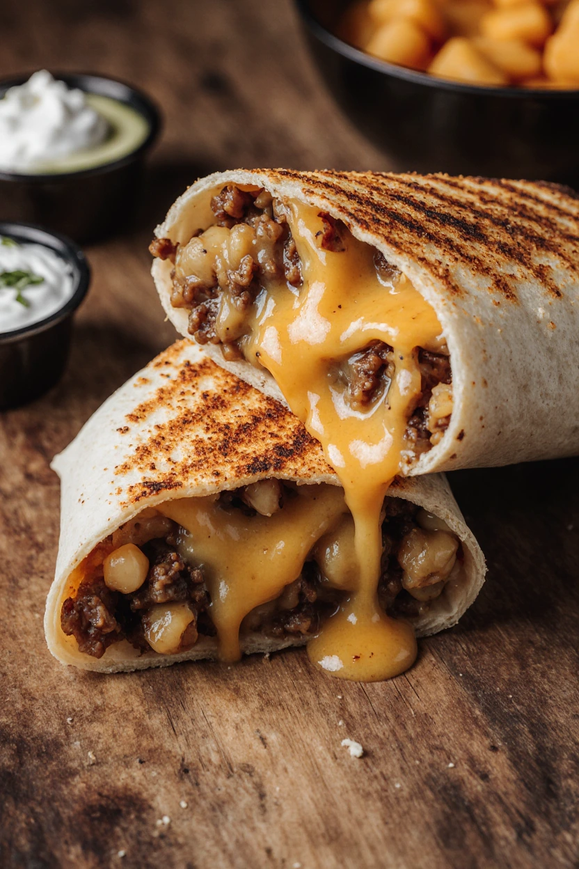 Cheesy grilled burrito filled with beef, rice, and melted cheese, Taco Bell copycat style.