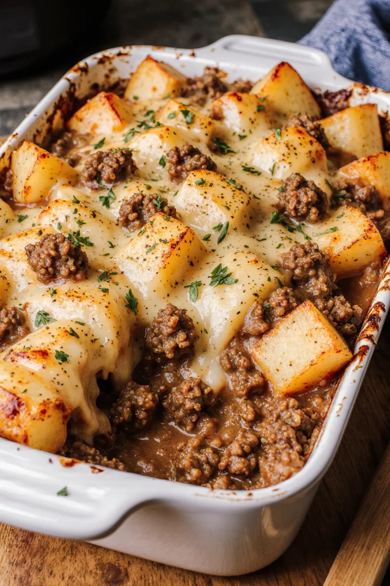 Hobo casserole baked with ground beef, potatoes, and melted cheese in a casserole dish.