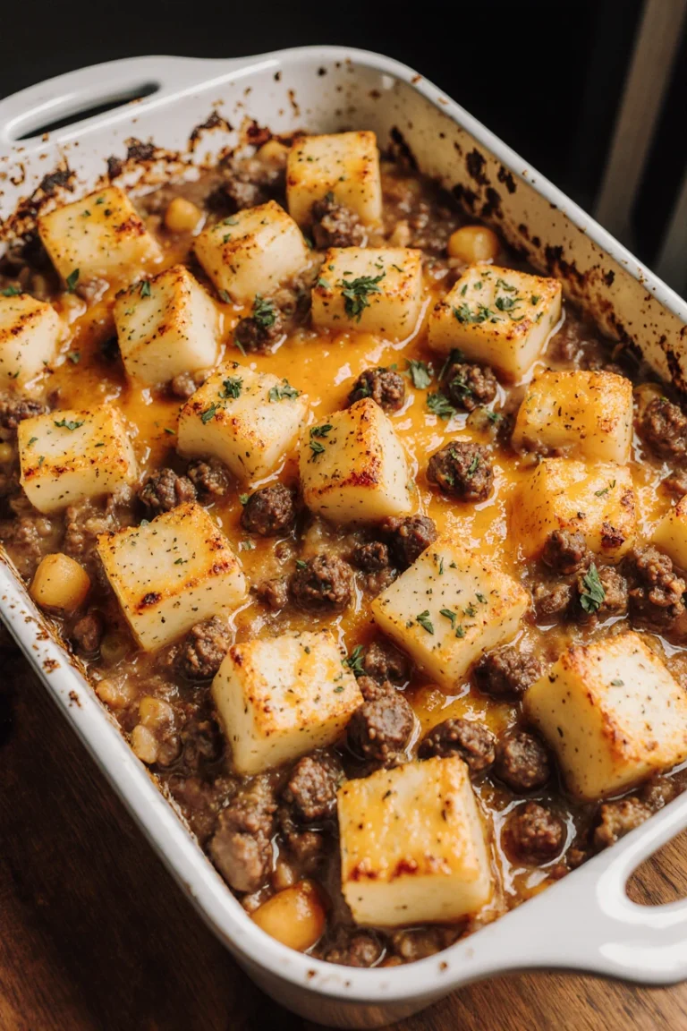 Golden baked Hobo Casserole Recipe with ground beef, potatoes, and melted cheese in a casserole dish.