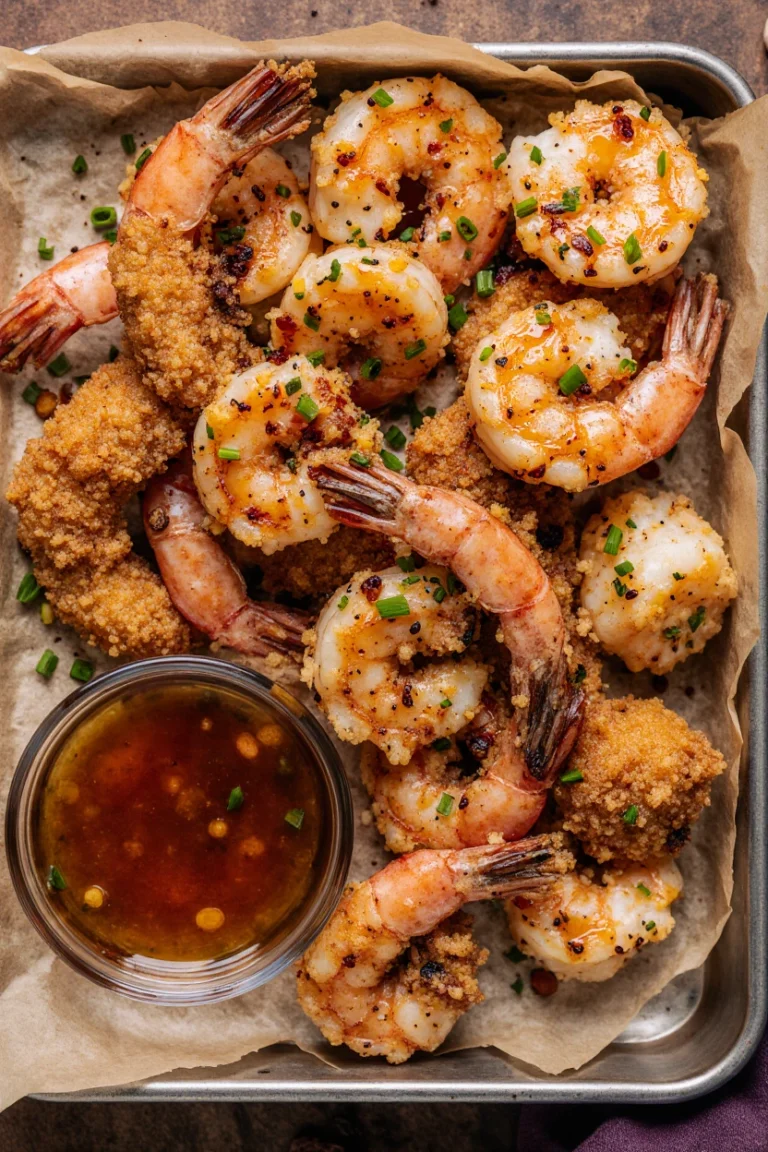 Hot honey shrimp glazed with a sticky sweet and spicy sauce, garnished with sesame seeds and green onions.