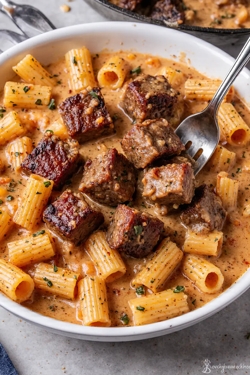 Irresistible Spicy Cajun Steak Tips with Cheesy Rigatoni & Parmesan Cream Sauce Recipe