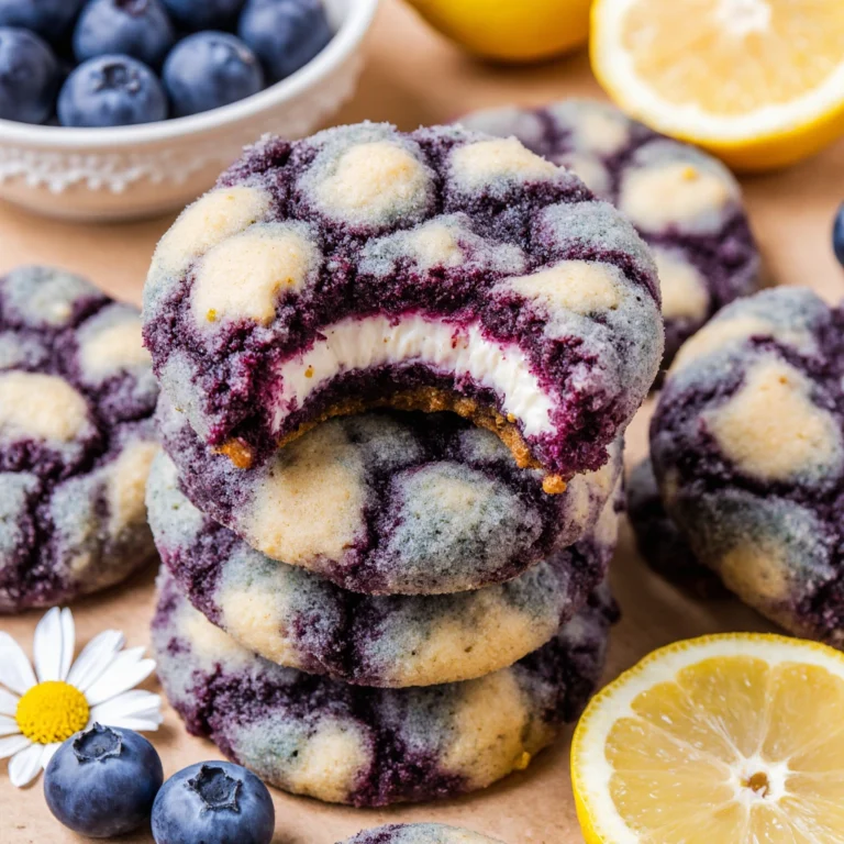 Lemon blueberry cheesecake cookies with creamy filling, fresh blueberries, and golden edges on a baking sheet.