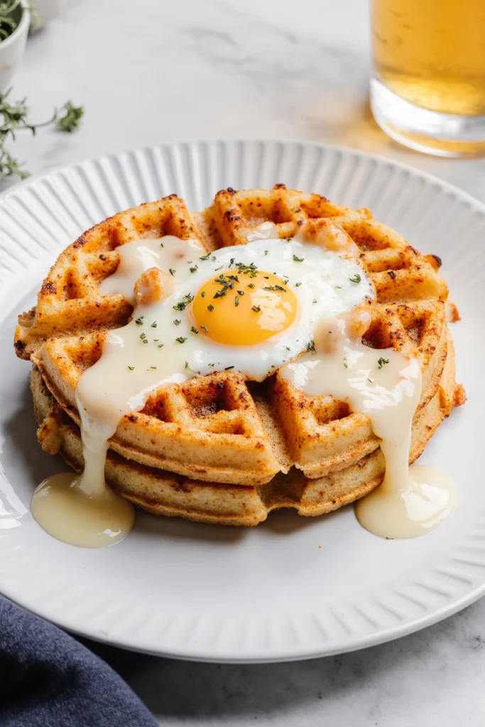 Golden low carb chaffle made with egg and cheese served on a plate with avocado and fresh herbs.