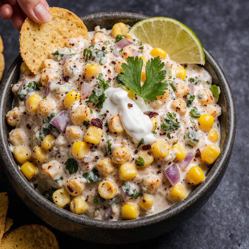 Bowl of Mexican street corn salad with cotija cheese, cilantro, and lime wedges.