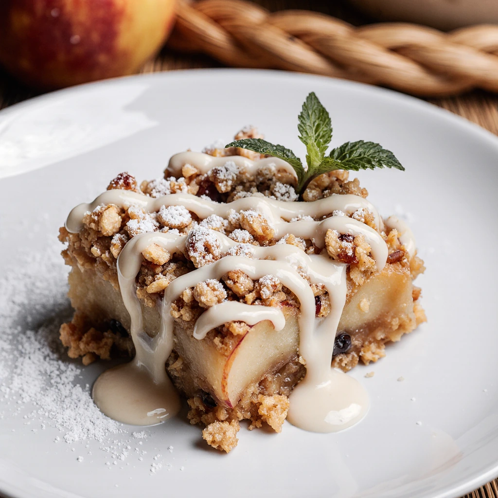 Baked oatmeal apple breakfast casserole topped with cinnamon and fresh apple slices in a white baking dish.