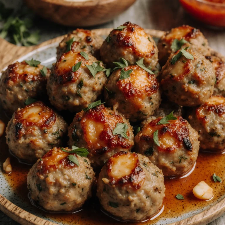 Juicy oven-baked turkey meatballs on a plate with herbs, served as a healthy and flavorful dinner option.