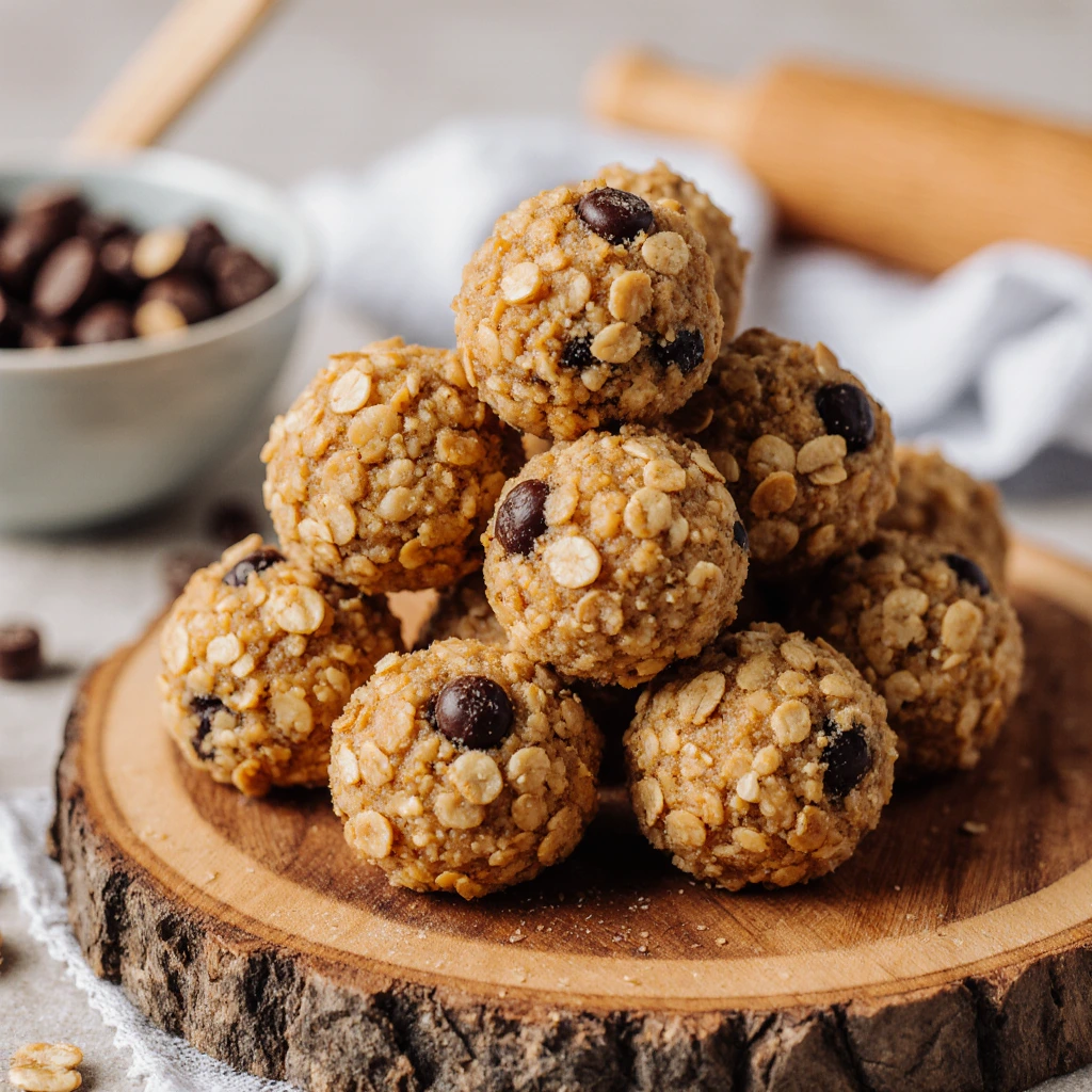 Peanut butter energy balls with oats and chocolate chips arranged on a plate.