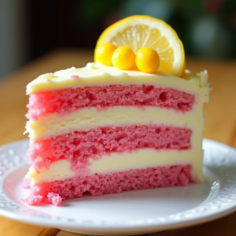 Pink lemonade cake with fluffy lemon layers and pink frosting, garnished with lemon slices.