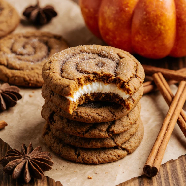 Pumpkin cheesecake cookies with creamy filling and golden edges, served on a rustic tray.