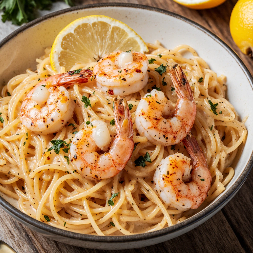 a bowl of spaghetti with shrimp and lemon