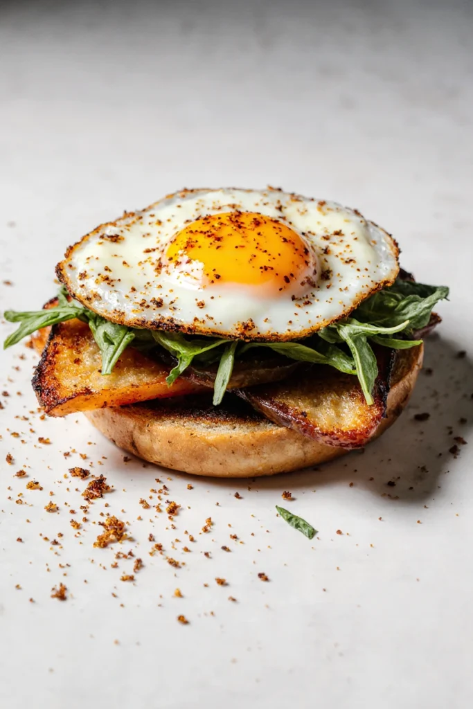 Spicy harissa egg bagel sandwich with fresh greens and avocado on a toasted bagel half.