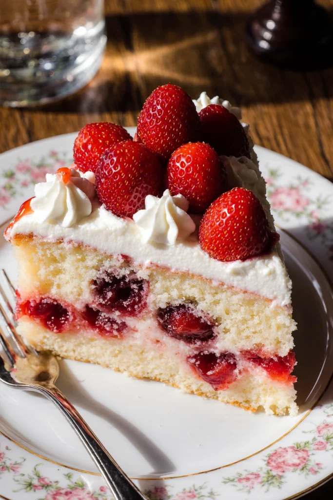 Slice of strawberries and cream cake with layers of whipped cream and fresh berries on a white plate.