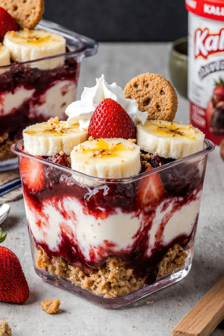 Strawberry banana pudding layered with fresh fruit, creamy pudding, and whipped topping in a glass dish.