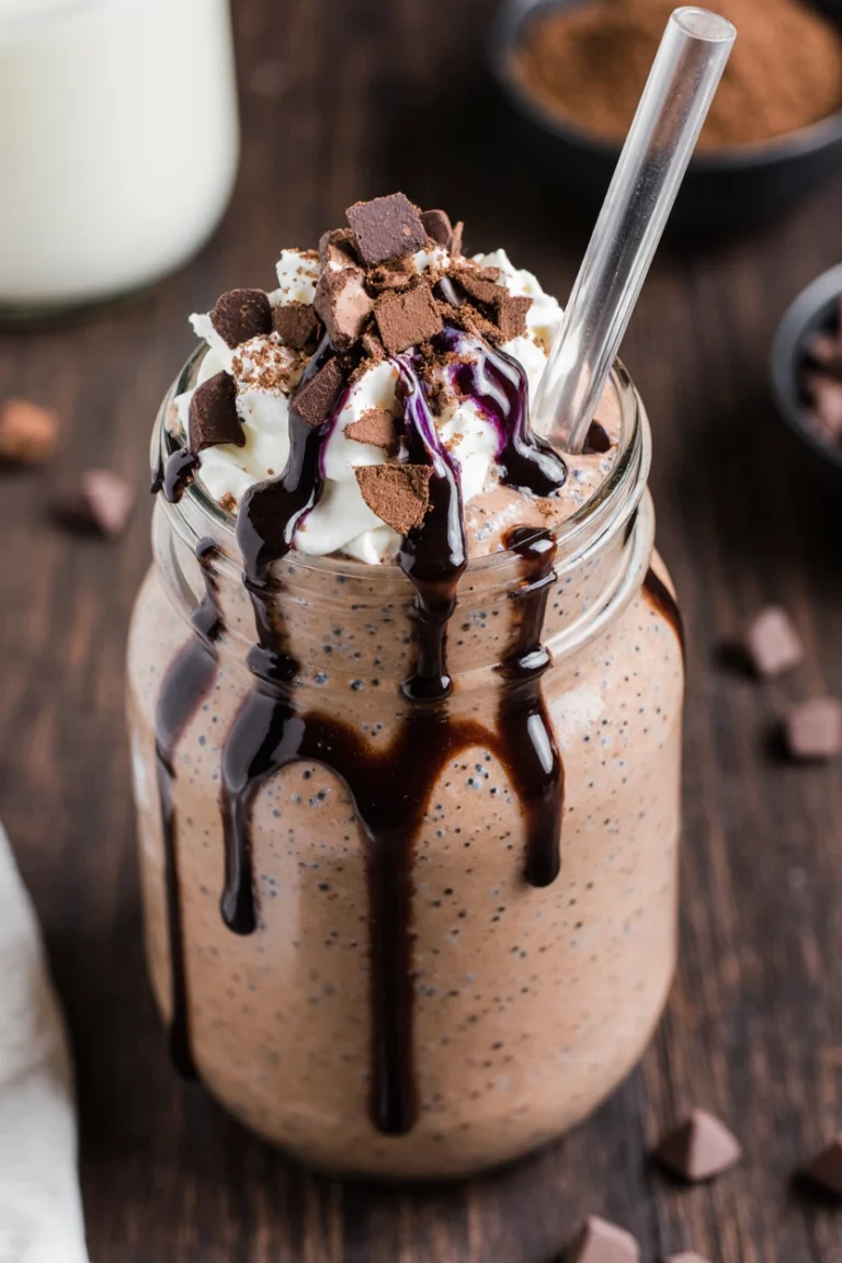 Creamy chocolate protein shake in a glass topped with cocoa powder and a striped straw.