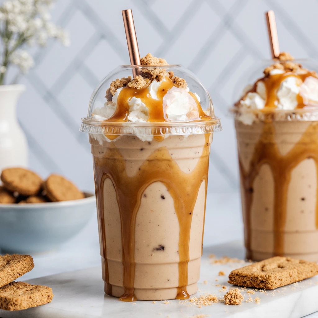 Homemade cookie butter latte topped with whipped cream and a dusting of cinnamon in a cozy coffee mug.