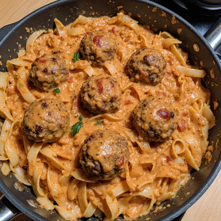 One-pot creamy Cajun meatball pasta in a skillet, with tender meatballs, creamy sauce, and pasta, garnished with herbs.