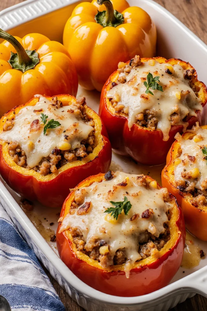 Colorful easy stuffed bell peppers filled with rice, meat, and cheese, served in a baking dish.