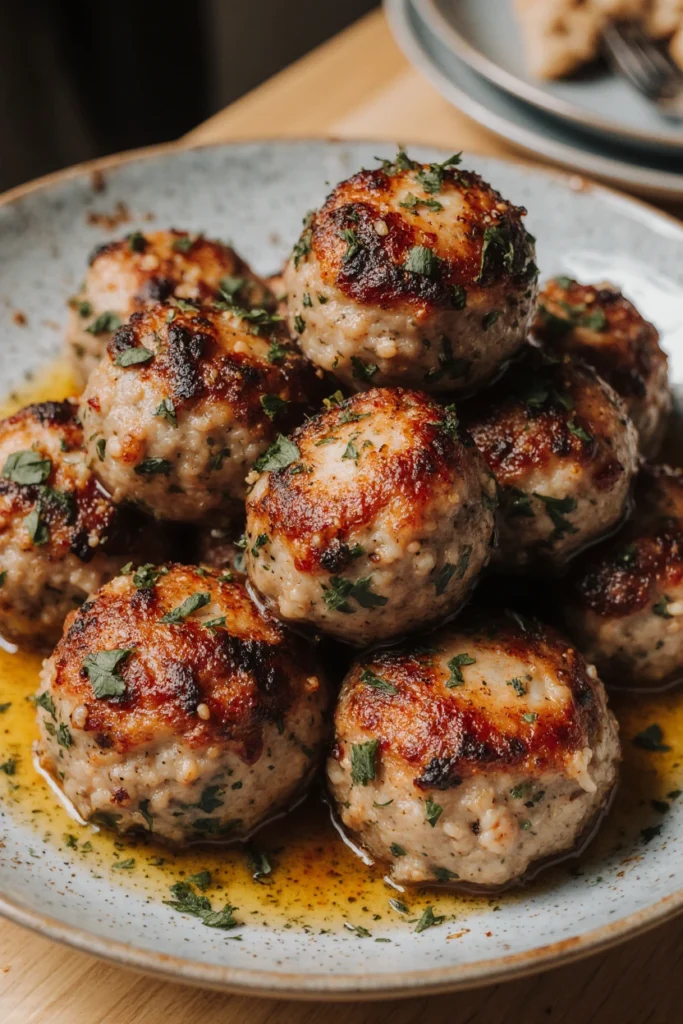Juicy oven-baked turkey meatballs served on a plate with fresh herbs and marinara sauce.